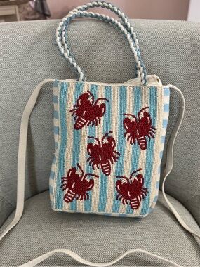 Beaded Blue and White Striped Tote Bag with Lobster design